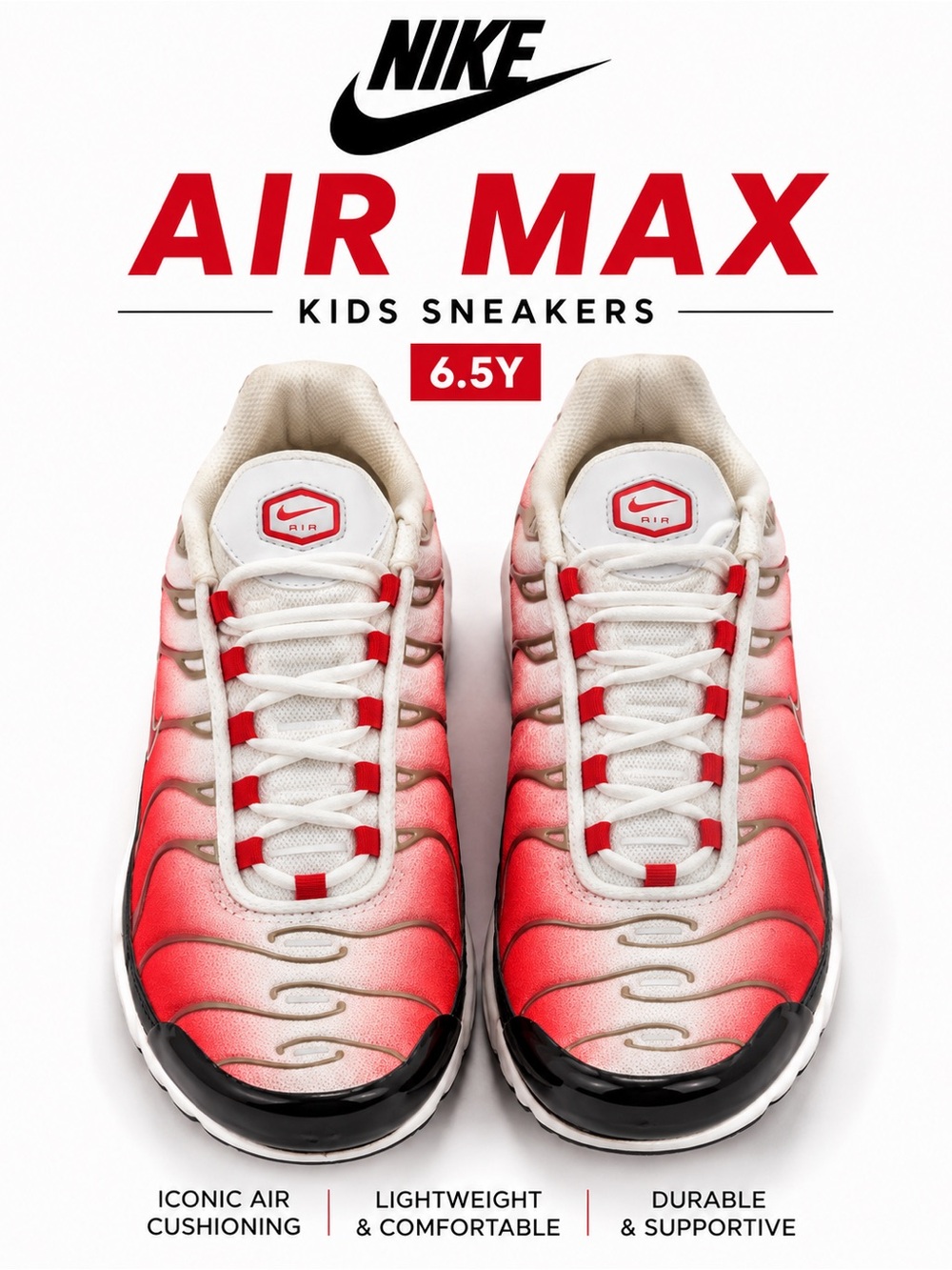 Nike Air Max Plus TN GS Red White Black Sneakers Youth 6.5Y